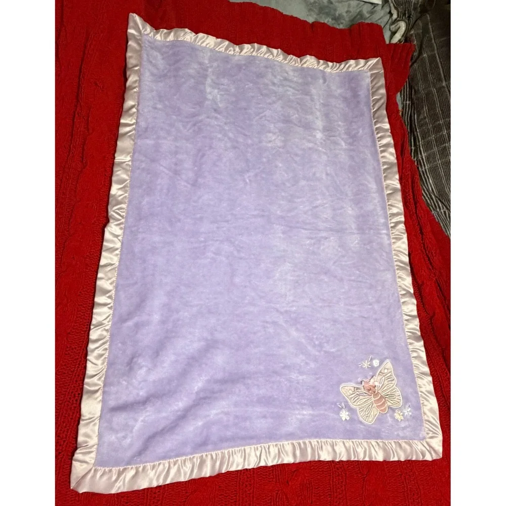 Lullaby Lane Purple Butterfly Baby Blanket Pink Satin Ruffle Trim Plush Fleece
